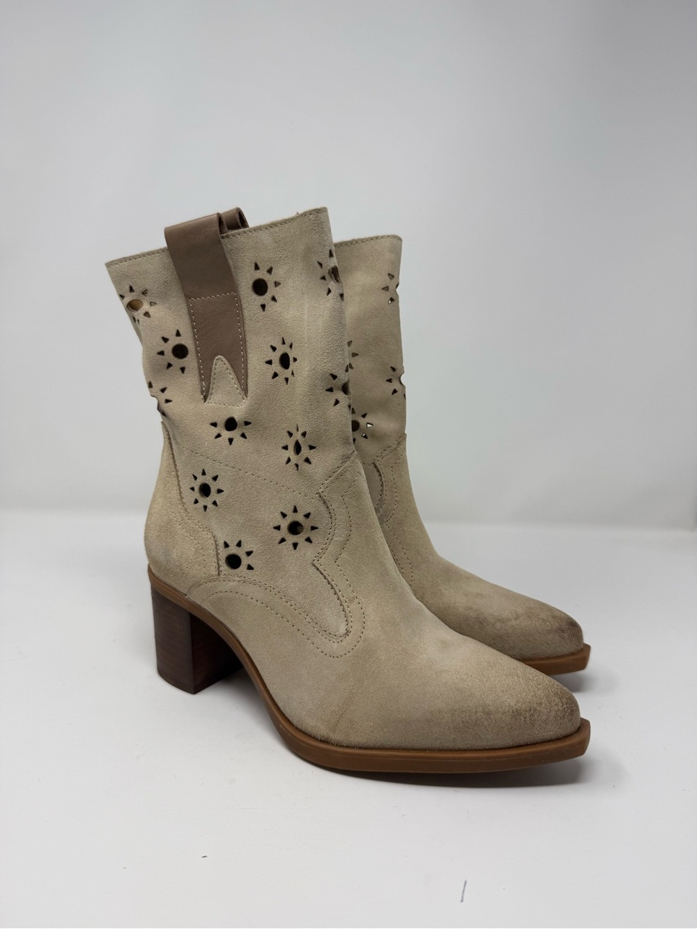 Suede Cutout Western Ankle Boots in Beige